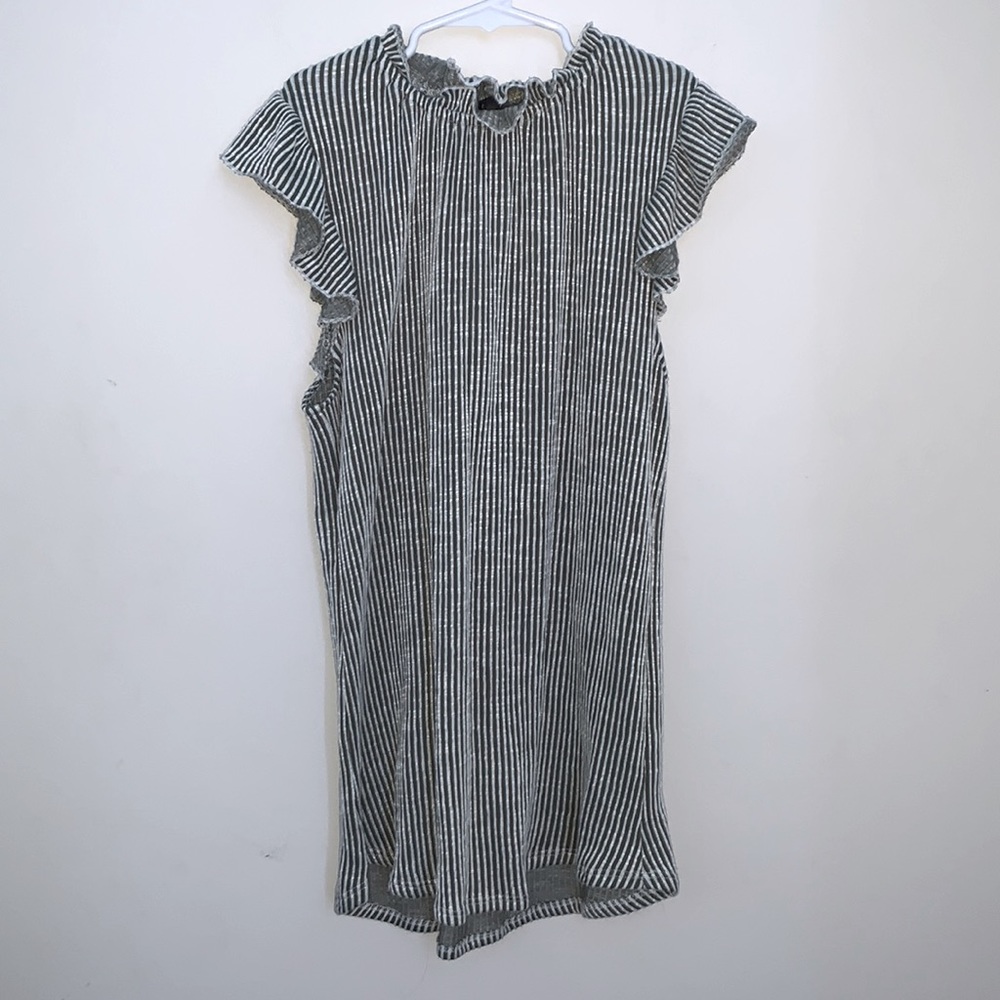 • Gyft Sage green and white striped shirt, ruffled top •